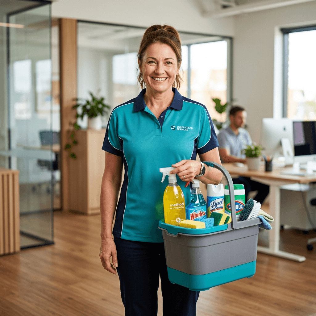Smiling cleaner holding cleaning supplies